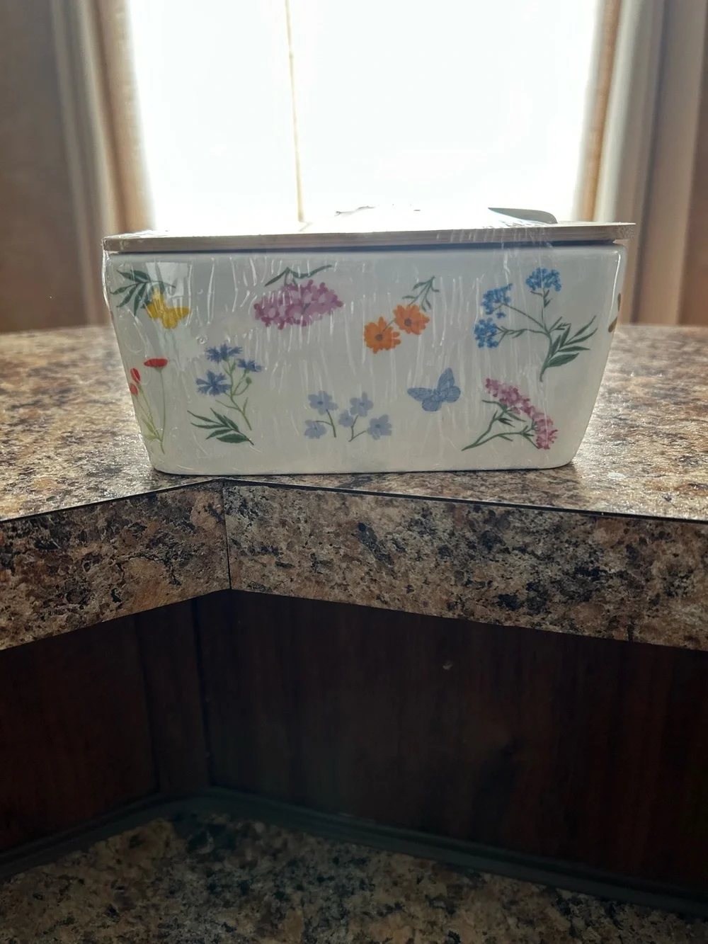 Floral Ceramic Loaf Pan with Butterfly Accent